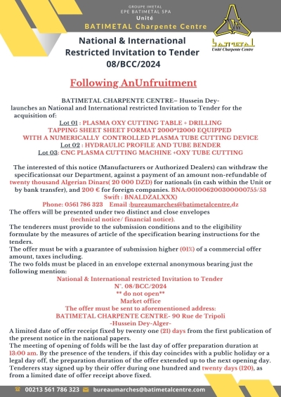 National and International restricted Invitation to Tender  08/BCC/2024 /Following AnUnfruitment /11/12/2024