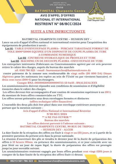 Avis d’Appel d’Offre Nationale et Internationale Restreinte N° 08/BCC/2024 /SUITE A UNE INFRUCTUOSITE/ du 11/12/2024